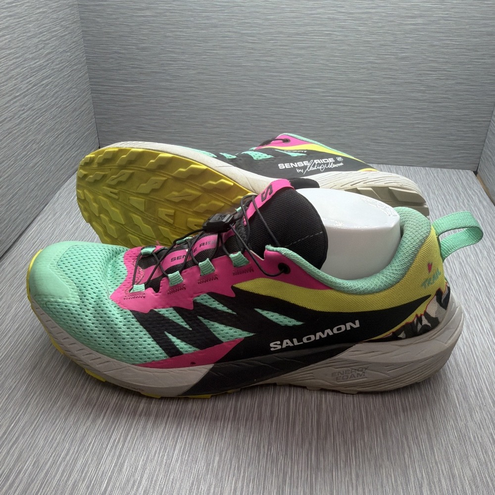 Salomon Sense Ride 5 Trail Running Shoes Mens 11 Teal Pink Black Quicklace